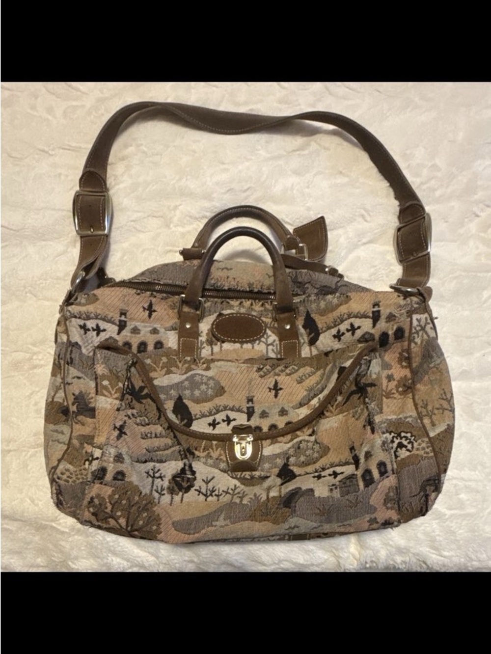 Vintage French western Tapestry Travel Tote Bag in Brown with suede Leather Trim - Picture 1 of 5